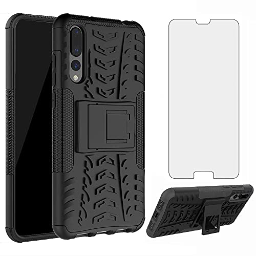 Phone Case for Huawei P20 Pro with Tempered Glass Screen Protector Cover and Stand Kickstand Hard Rugged Hybrid Protective Cell Accessories Huwai Hawaii Hwauei Haweii P 20Pro 20 P20pro Cases Men Black