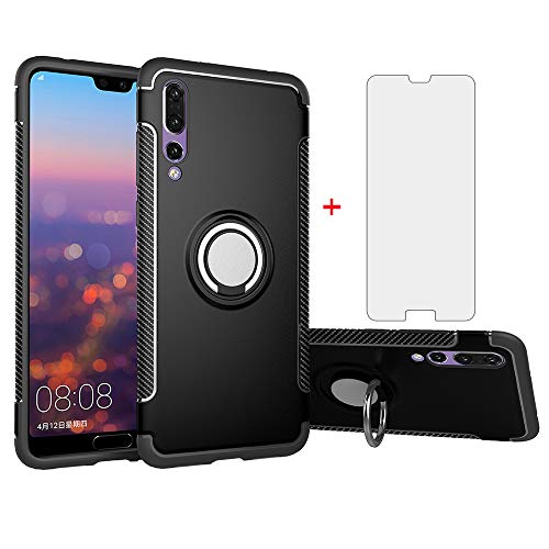 Phone Case for Huawei P20 Pro with Tempered Glass Screen Protector Cover and Magnetic Stand Ring Holder Slim Hybrid Hard Cell Accessories Protective Hwauei Hawaii P 20Pro 20 P20pro Cases Men Black