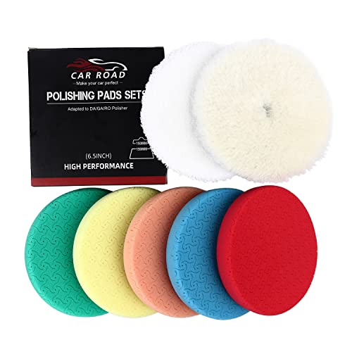 CAR ROAD Buffing Polishing Pads 6 Inch, 7PCs 6.5 Inch Face for 150mm Backing Plate Sponge Woolen Microfiber Buffing Pads Cutting Polishing Pad Kit for Car Buffer Polisher Compounding,Polishing,Waxing