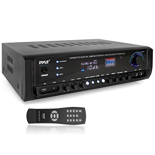 Pyle Home Audio Power Amplifier System - 300W 4 Channel Theater Power Stereo Sound Receiver Box Entertainment w/ USB, RCA, AUX, Mic w/ Echo, LED, Remote - For Speaker, iPhone, PA, Studio Use PT390AU