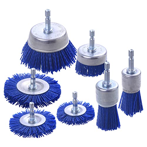 7 Pcs Nylon Filament Abrasive Wire Brush Wheel & Cup Brush Set with 1/4 Inch Hex Shank, WENORA Nylon Brush Drill Set for Removal of Rust Corrosion Paint