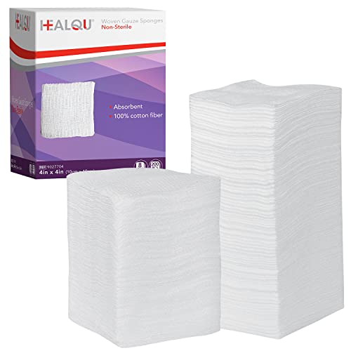 HEALQU Gauze Pads, 4x4 12 Ply Pack of 200 - Ultra Absorbent Woven Surgical Sponges for Wound Dressing, Debridement, Cleaning, Prepping - Medical Gauze Sponges,
