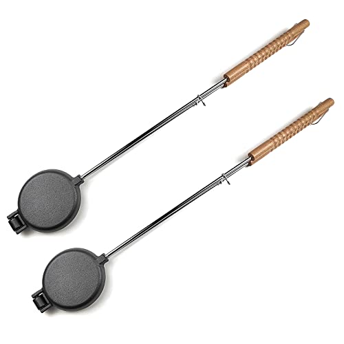 HAWOK Cast Iron Round Pie Iron with Stainless Steel and Wooden Handle set of 2
