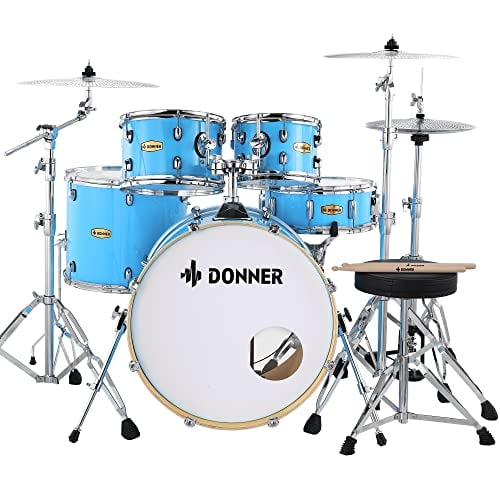Donner Drum Set Adult with Practice Mute Pad,5-Piece 22 inch Full Size Acoustic Drum Kit for Beginner, Blue- DDS-520