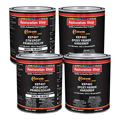 Custom Shop - White Epoxy Primer/Sealer 2.1 VOC (Gallon Kit) Anti-Corrosive DTM High-Performance Primer for Automotive and Industrial use Kit = 2 Qt. Epoxy Primer + 2 Qt. Epoxy Hardener