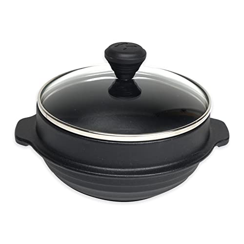 MOOSSE Premium Induction Korean Stone Bowl, Enameled Cast Iron Ttukbaegi with Glass Lid, Rice and Soup Pot, Korean Stone Bowl for Induction Cooktop, Stove, Oven, No Seasoning Required, NO Trivet (6.3 (16cm))