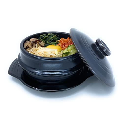 Jovely Korean Cooking Premium Ceramic Stone Bowl(Dolsot or Ddukbaegi) Diameter 6.3'' High 2.95'' Sizzling Hot Pot for Korean food such as Bibimbap and Soup (with Lid and Tray)