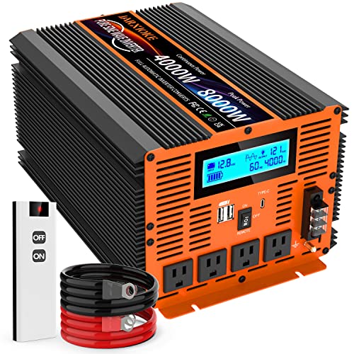4000 Watt Pure Sine Wave Power Inverter 12V DC to 110V 120V Converter for Family RV Off Grid Solar System Car with Type-C Ports 4 AC Power Outlets Dual USB Ports LCD Display Wireless Remote Control
