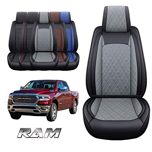 YIERTAI Car Seat Covers Compatible with Dodge Ram Custom Fit 2009-2023 1500 2500 3500 Pickup Mega Cab Limited Longhorn Laramie Bighorn Waterproof Leather Seat Protectors, 2 PCS Front Black-Gray