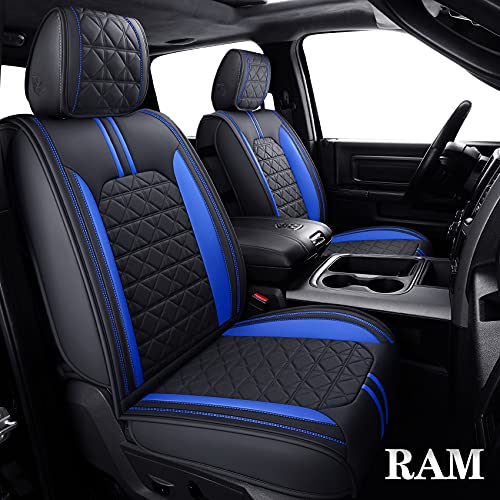 YIERTAI for Dodge RAM Seat Covers fit 2009-2023 1500HD 2010-2023 2500/3500HD Crew Double Quad Rebel Cab Laramie Big Long Horn Rebel Tradesman Leather Seat Covers(5 PCS Full Set/Black-Blue)