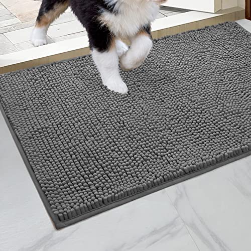 HOMEIDEAS Durable Chenille Water Absorbent Door Mat Indoor, 20x32, Traps Mud & Moisture, for Shoes & Dog Paws, Machine Washable Drying Entryway Rug Soft Doormat for Garage, Mudroom, Patio, Grey