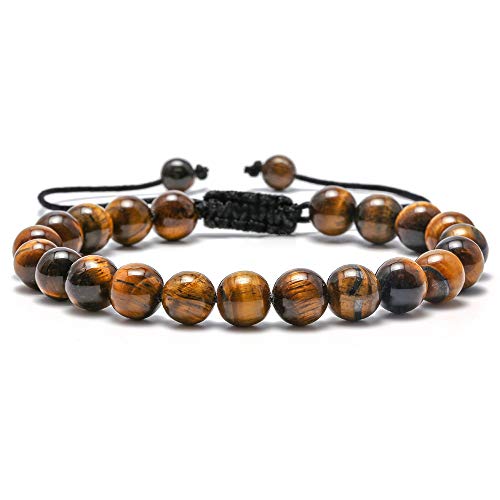 Mens Tiger Eye Bracelet Gifts - 8mm Tiger Eye Lava Rock Stone Mens Anxiety Bracelets, Stress Relief Adjustable Tiger Eye Bracelet Mens Gifts Gandpa Gifts Grandfather's Gifts for Father