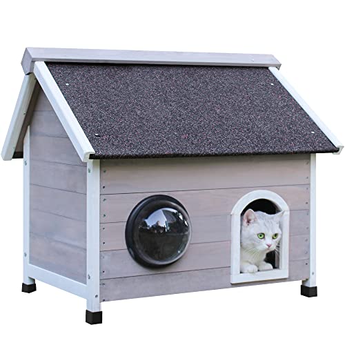 Deblue Weatherproof Outdoor Cat House, Unique Cat House for Outdoor Cats Wooden Feral Cat Shelter with Clear Dome Window and Attic, Escape Door Large Interior Space Outside Cat House
