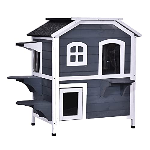 PawHut Wooden 2-Story Indoor or Outdoor Cat House with Escape Door, Cat Shelter Kitten Condo Furniture, Openable Asphalt Roof and 4 Platforms, Grey