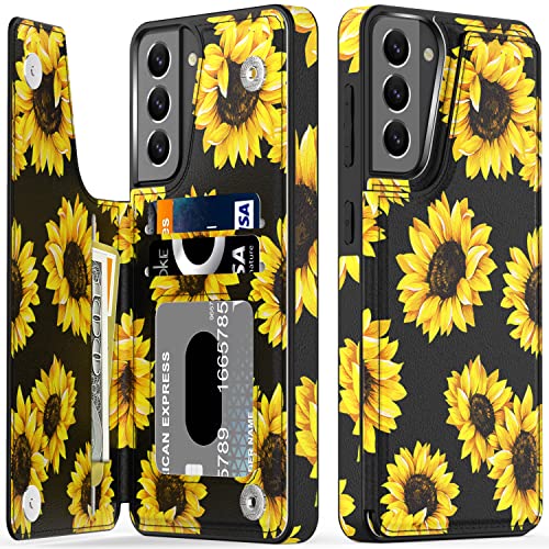 LETO Galaxy S21 Case,Flip Folio Leather Wallet Case Cover with Fashion Flower Designs for Girls Women,with Card Slots Kickstand Phone Case for Samsung Galaxy S21 6.2" Blooming Sunflowers