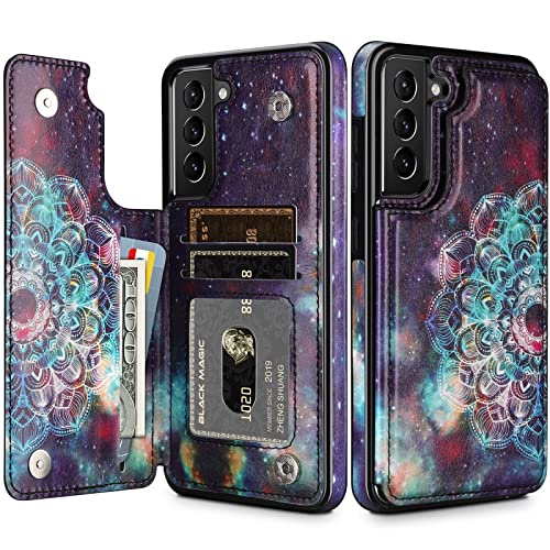 HianDier Compatible with Galaxy S21 FE 5G Wallet Case Slim Protective Credit Card Slot Holder Flip Folio Soft PU Leather Magnetic Closure Cover Compatible with Samsung Galaxy S21 FE (2022), Mandala