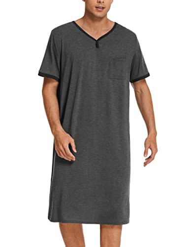 Ekouaer Men's Long Sleep Dress Short Sleeve Nightshirt Nigt Shirt (A-Dark Grey, XXX-Large)