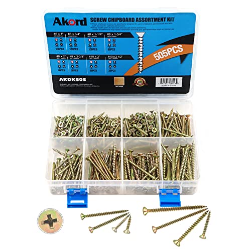 Akord Chipboard Brass Wood Screws Assortment Kit, Phillips Drive, Gold Passivated, 8 Different Specifications Sizes, 505 Pieces