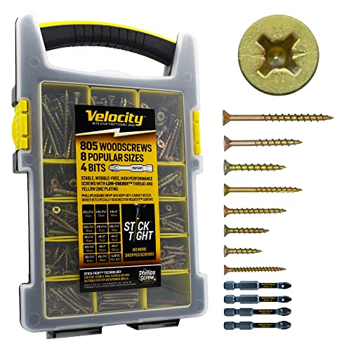 Velocity Interior Wood Screw Assortment Kit  805 Assorted Wood Screws in 8 Sizes Made from Zinc Plated Carbon Steel, Includes 4 PSD ACR Drive Bits and Plastic Screw Storage Organizer (809 Pieces)