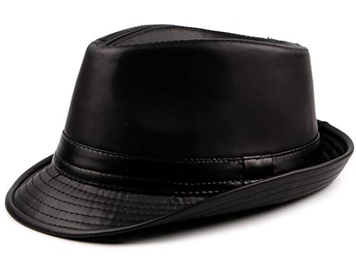Utaly PU Leather Trilby Fedoras Panama Jazz-Hat Short Brim Bowler Hat (S-M) (Black)