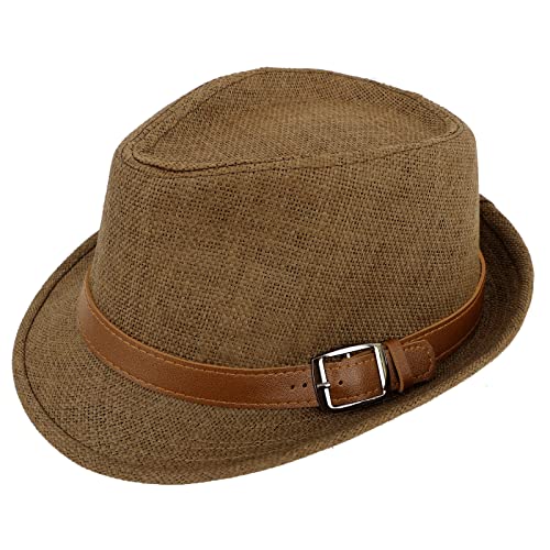 Simplicity Panama Style Fedora Straw Sun Hat with Leather Belt Mens Fedora Hats for Women Men Hats Fashion Straw Fedora, Dark Brown, SM