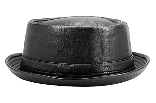 Men's Roll up Pork Pie Pillbox Trilby PU Leather Derby Fedora Hat Black