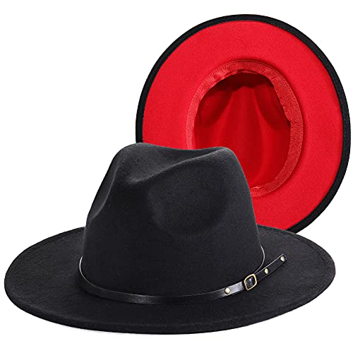 PORSYOND Wide Brim Black Red Felt Fedora Hat Men Women Belt Buckle Patchwork Panama Hat Trilby Hat with Leather Band (Black Red, L)