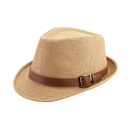 FALETO Summer Straw Fedora Hat for Men Women Mens Beach Hats Cuban Hat Sun Hat Unisex Short Brim Fedora Panama Trilby Hat with Leather Belt