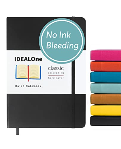 IDEALOne Journal Notebook Lined Classic Hardcover  For Work, Home, School, 5.7 x 8 inches, 160 pages, 100GSM Thick Paper, with Elastic Band Closure and Ribbon Bookmark, Black