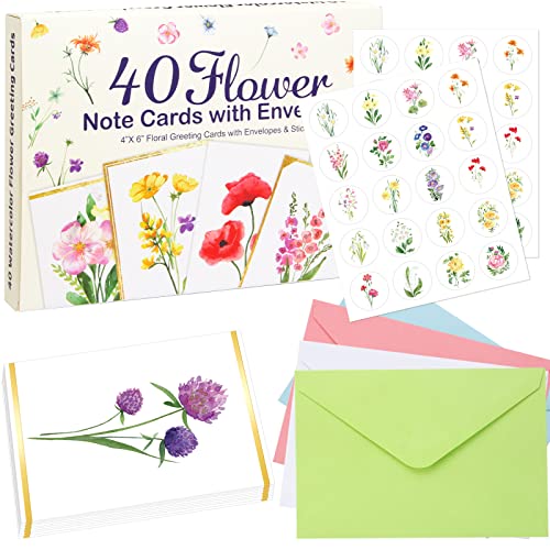 FANCY LAND 40 Gold Foil Frame Flower Cards Watercolor Floral Blank Greeting Cards All Occasion Note Cards with Envelopes and Stickers