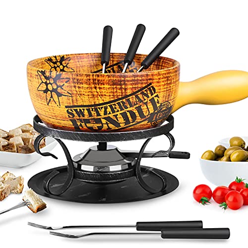 Artestia 2.11-Quart Ceramic Fondue Pot Set Cheese Chocolate Melting Pot Metal Stand with 6 Fondue Forks and Swiss Vintage Pattern, Perfect for 6-8 People, 10 Piece