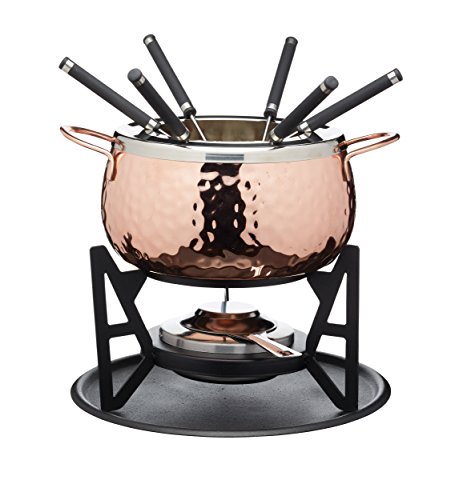 KitchenCraft Artes Luxury 6-Person Swiss Fondue Set, Stainless Steel, Gift Box, Hammered Copper Finish