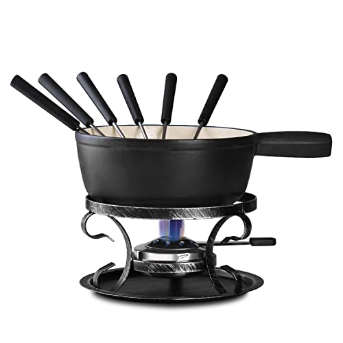 Artestia Cast Iron Cheese Fondue Pot Set, Swiss Traditional Cast Iron Fondue Set For Cheese, Meat & Chocolate (Black Matt)