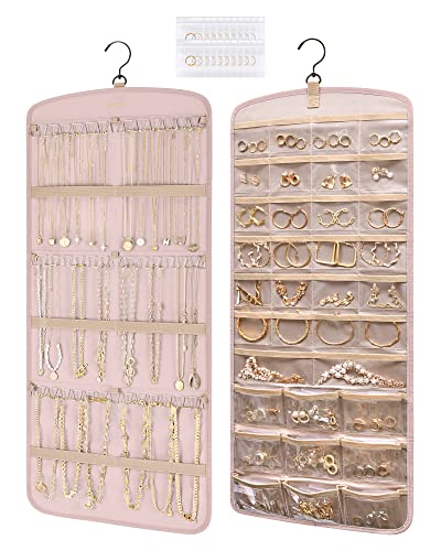 BAGSMART Hanging Jewelry Organizer, Necklace Holder Anti-tangle Earrings Rings Hanger with 20 Jewelry Bags Travel Storage Roll with Pockets Hang on Closet, Wall, Door,1 Piece, Large Pink