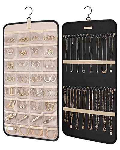 BAGSMART Hanging Jewelry Organizer Storage Roll with Hanger Metal Hooks Double-Sided Jewelry Holder for Earrings, Necklaces, Rings on Closet, Wall, Door, 1 piece, Medium, Black