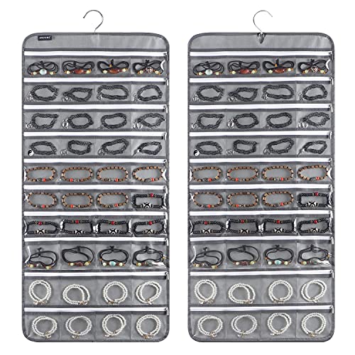 ANZORG 80 Zippered Pockets Hanging Jewelry Organizer for Holding Jewelries Dual-Sided Accessory Display Holder for Earrings Bracelets Rings (80 Zippered Pockets-Grey)