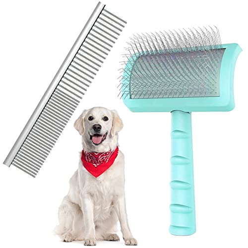 Large Firm Slicker Brush & Pet Comb Value Kit,Extra Long Pin Slicker Brush for Dogs Goldendoodles,Large Dog Pet Grooming Wire Brush and Deshedding,Removes Long and loose Hair & Undercoat ,25mm(1")(Green)