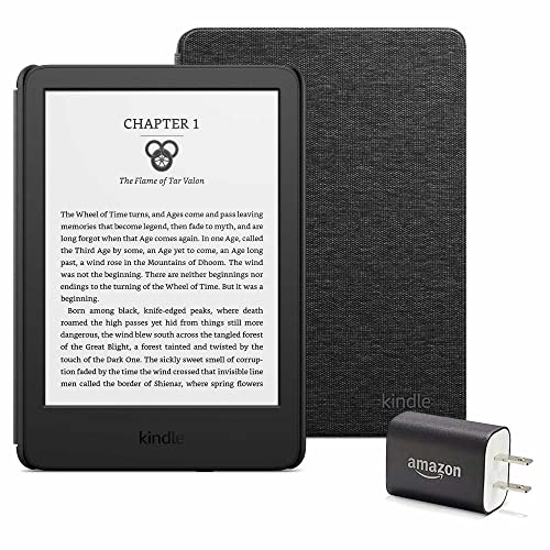 Kindle Essentials Bundle including Kindle (2022 release) - Black - Without Lockscreen Ads, Fabric Cover - Black, and Power Adapter