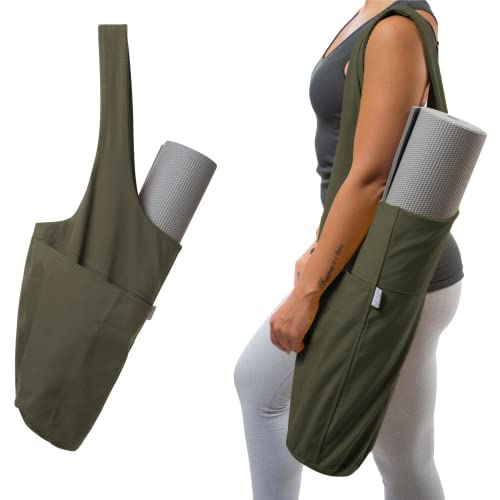 Yogiii Yoga Mat Bag | The ORIGINAL YogiiiTote | Yoga Mat Carrier Tote Sling w/Large Side Pocket & Zipper Pocket | Fits Most Size Mats (Olivine Green)