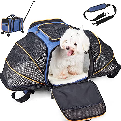 LitaiL Small Dog Carrier with Wheels, Airline Approved Dog Carrier and Breathable Mesh, Expandable Pet Travel Carrier with Travel Bowl, Pet Rolling Carrier Easy to Fold for Small Dog, CatBlue