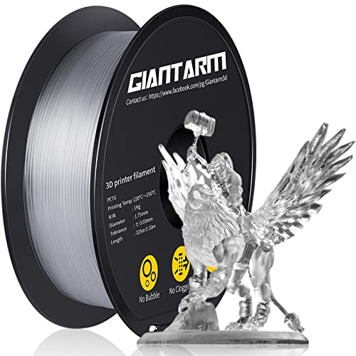 GIANTARM Transparent Clear PETG 3D Printer Filament Toughness Enhanced 1kg (2.2lbs),1.75mm Dimensional Accuracy +/-0.03mm, 1080 Feet330m)/Roll, Vacuum Package, Fit for Most 3D FDM Printer,Clear