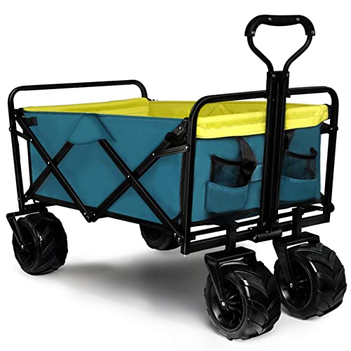 Knowlife Collapsible Wagon, Beach Wagon with Big Wheels for Sand, Beach Cart with Retractable Handle, Utility Wagon Cart Heavy Duty for Beach Shopping Sports, Blue