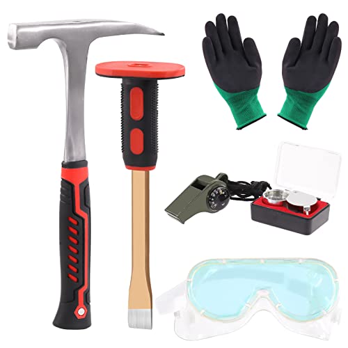 Tanstic 6Pcs Geology Rock Hammer and Chisel Kit, 30oz Hammer & 12" Digging Chisel, Whistle, Safety Glasses, Jewelers Loupe and Gloves, Rock Hounding Equipment Set for Rock Hounding Stone Breaking