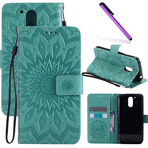 Motorola Moto G4 Plus Case LEECOCO Embossed Floral Wallet Case with Card Cash Holder Slots Wrist Strap [Kickstand] Premium PU Leather Folio Flip Slim Case Cover for Motorola Moto G4 Mandala Green