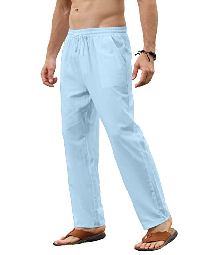 EndoraDore Men's Linen Cotton Pants Slim Fit Joggers Pants Athletic Workout Elastic Trousers Pants Beach Vacation Lightblue