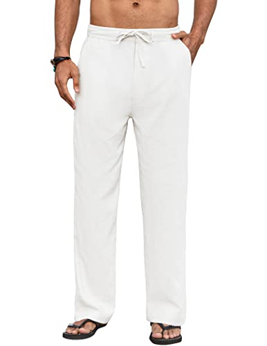 COOFANDY Men's Linen Beach Trousers Elastic Waist Casual Yoga Pants with Pockets White