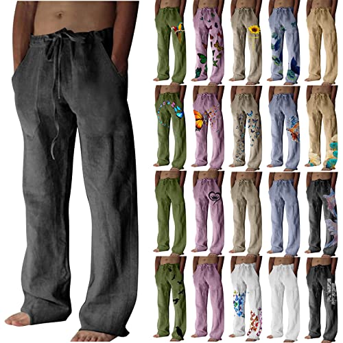 Dgoopd Men's Cotton Linen Pants Casual Elastic Waist Drawstring Pants Straight Leg Yoga Pants Lightweight Summer Beach Pants