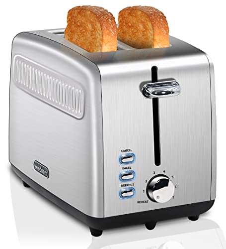SEEDEEM Toaster 2 Slice, Stainless Steel Bread Toaster, 7 Shade Settings, 1.5'' Extra Wide Slots Toaster with Bagel, Defrost, Reheat Function, Automatic Power-off, Removable Crumb Tray, 900W, Silver Metallic