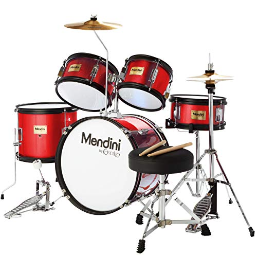 Mendini By Cecilio Kids Drum Set - Starter Drums Kit with Bass, Toms, Snare, Cymbal, Hi-Hat, Drumsticks & Seat - Musical Instruments Beginner Sets, Red Drum Set