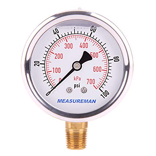 MEASUREMAN 2-1/2" Dial Size, Glycerin Filled Pressure Gauge, 0-100psi/kpa, 304 Stainless Steel Case, 1/4"NPT Lower Mount